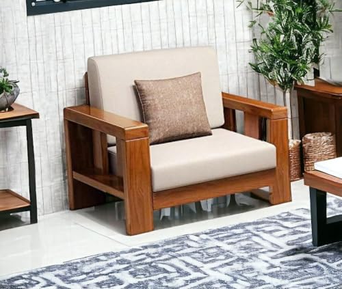 Image of Sheesham Wood 1 Seater Sofa for Living Room | Solid Wood Single Seater Cushion Sofa for Home & Office | Solid Wood Sofa Sets Furniture for Lounge and Hotels (Honey, 1 Seater)