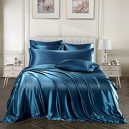 Image of Ersmak 7 Pieces Satin Sheets Set King Size, Luxury Silky Navy Blue Satin Bed Sheets Set with 1 Deep Pocket Fitted Sheet, 1 Soft Flat Sheet, 4 King Pillowcases and 1 Body Pillowcase