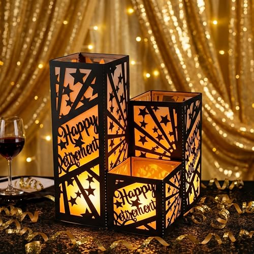 Rossesay 12 Pcs Happy Retirement Party Table Decorations Black and Gold Centerpieces 3 Size Black and Gold Lantern Boxes for Men Women Retirement Party Supplies