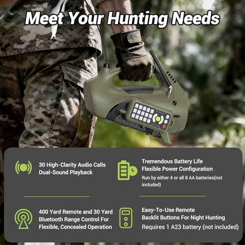 Electronic Predator Call, Coyote Caller for Hunting with Decoy Combo, Perfect for Coyote, Fox Hunting, 400YD Remote & 30YD Bluetooth Control, Play 2 Sounds Simultaneously-Khaki