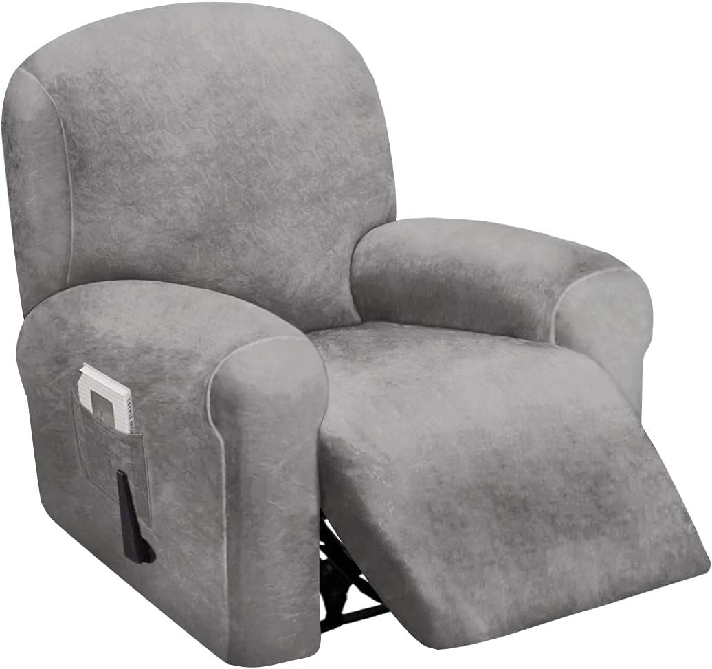ULTICOR 4-Piece, 1 Seat Recliner Cover, Velvet Stretch Reclining Chair Covers for 1 Cushion Reclining Sofa, Single Seat Recliner Couch Cover, Thick, Very Soft, Machine Washable (Light Grey)