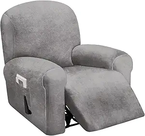 ULTICOR 4-Piece, 1 Seat Recliner Cover, Velvet Stretch Reclining Chair Covers for 1 Cushion Reclining Sofa, Single Seat Recliner Couch Cover, Thick, Very Soft, Machine Washable (Light Grey)