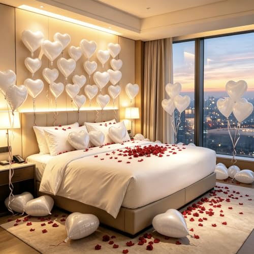 Image of 50 Pcs White Heart Balloons,5 Inch and 10 Inch Heart Foil Balloons Love Balloon Valentine Balloon for Birthday Party Wedding Engagement Party Baby Shower Valentine Day Decorations