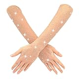 Mikovivi Rhinestone Long Fishnet Gloves, Arm Sleeves Elbow Rave Costume Accessories for Women Evening Prom (Flesh-Colored)