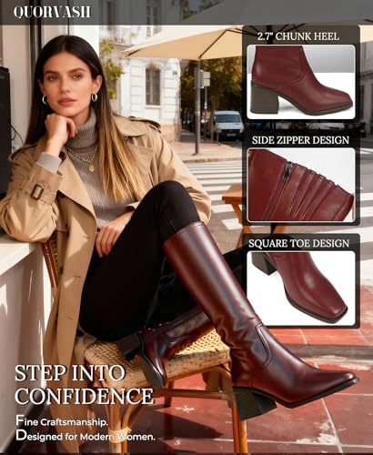 Image of Knee High Boots Women - Long Elastic Faux Leather Boots Tall Square Toe Chunky Block High Heel Shoes with Side Zipper