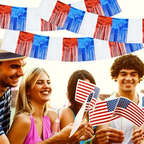 Image of BEISHIDA 3 Packs Metallic Foil Fringe Garland Red White Blue Wall Hanging Tinsel Fringe Banners for Floats Birthday 4th of July Memorial Day Patriotic New Year Party Decoration(30 Feet)