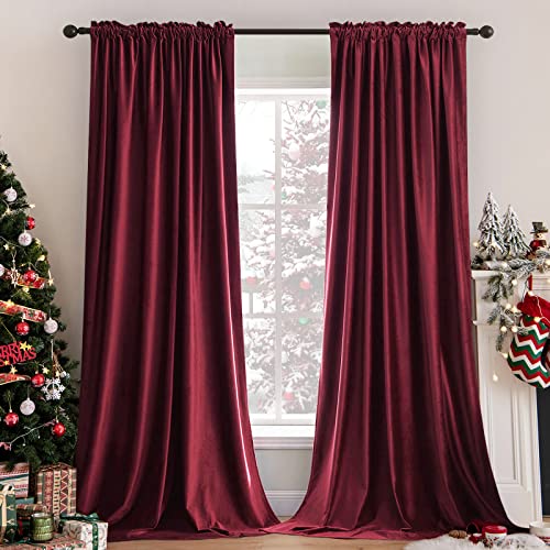 Image of MIULEE Burgundy Red Blackout Velvet Curtains Drapes 108 Inch Long 52 inchx108 inch | Luxurious Bedroom Living Room Decor, Room Darkening, Thermal Insulated, Rod Pocket Design, Super Soft Fabric, Extra Long