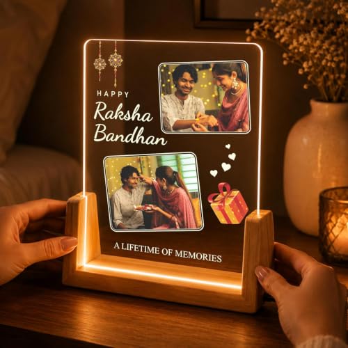 Image of Giftplease Personalized Raksha Bandhan LED Acrylic Photo Frame with Rakhi, Roli Chawal & Greeting Card, USB Wooden Base Night Lamp, Brother Sister Memory Decor, Festive Home Display Keepsake