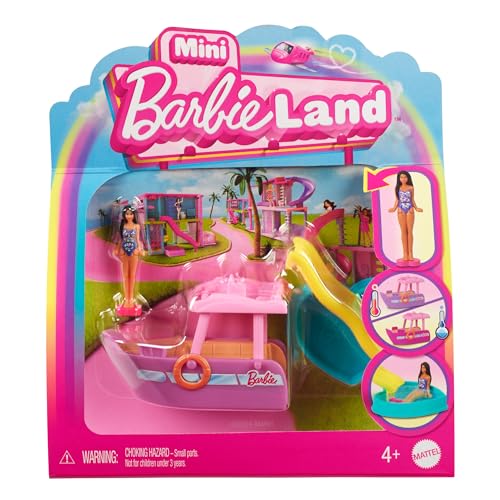 Barbie Coffret Bateau de rêve Mini-BarbieLand comprenant une poupée de 3,8 cm, un bateau qui change de couleur, une piscine et un toboggan amovible, HYF41