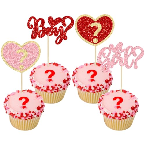 Image of Gyufise 24Pcs Valentine Gender Reveal Cupcake Toppers Pink Red Glitter Heart Boy or Girl Cupcake Picks Decorations for Valentine's Day Birthday Anniversary Party Supplies