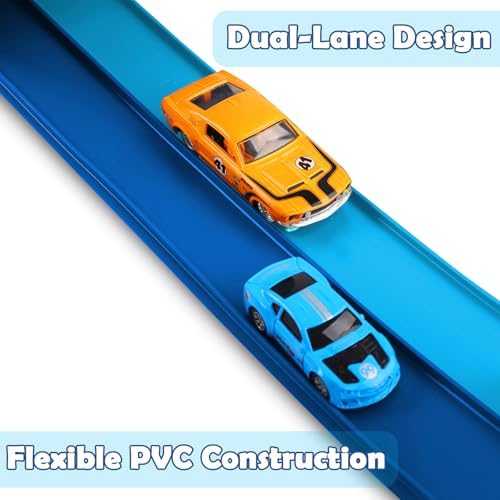 Image of Flex Tracks 15 Ft Starter Set, Flexible Race Track for Kids 3+ with Strong Suction Cups, Flexible Car Track Race Car Ramp Track Compatible with 1 /64 Diecast Cars, Portable Rolls Up Race Tracks