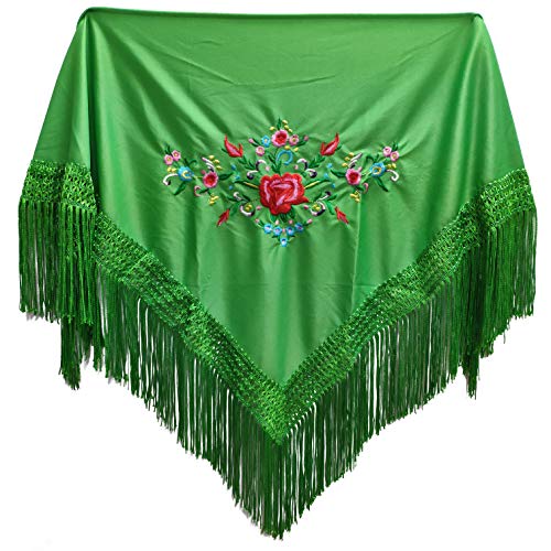 MUNDDY - Xaile bordado em flores para menina. Xailes de flamenco sevilhana. Xaile para festa de cor vermelha preto rosa branco amarelo azul. Envio de Madrid com seguimento. …, Verde escuro, Menina