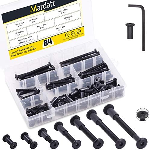 Mardatt 85pcs 7 Sizes M6x16mm/25mm/35mm/45mm/55mm/65mm/75mm Black Hex Socket Cap Bolts and Barrel Nuts Assortment Kit, Crib Bolts Binding Bolt Screw Post for Belt Buckle Leather Furniture