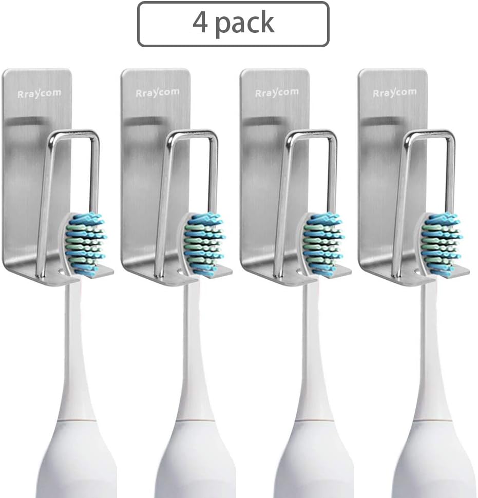 Rraycom Stainless Steel Toothbrush Holder, Wall Mounted 3M Self-Adhesive Toothbrush Organizer Holder Stand for Toothbrush&Electric Toothbruh, No Drilling, No screws (4PACK)