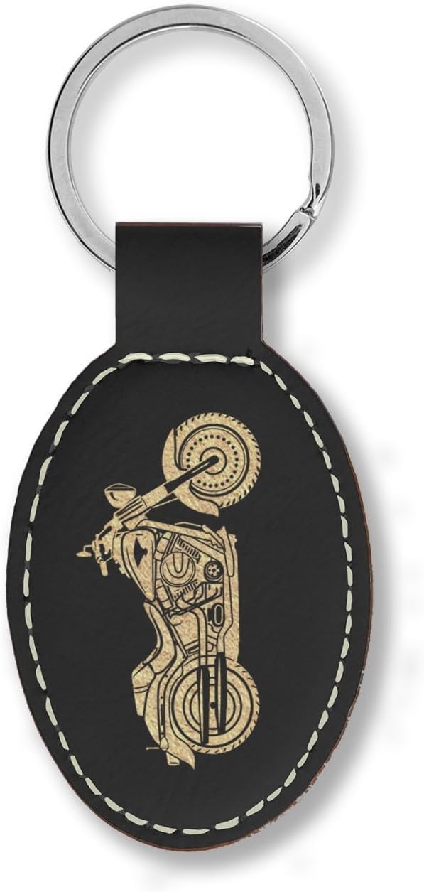LaserGram Oval Soft Faux Leather Keychain with Motorcycle Design, Laser Engraved, Stainless Steel Ring, Gift Box Included (Black with Gold)