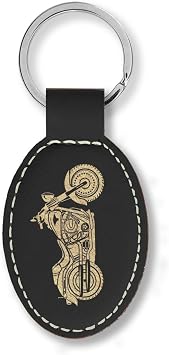 LaserGram Oval Soft Faux Leather Keychain with Motorcycle Design, Laser Engraved, Stainless Steel Ring, Gift Box Included Black with Gold