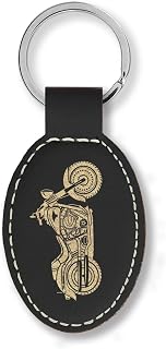 LaserGram Oval Soft Faux Leather Keychain with Motorcycle Design, Laser Engraved, Stainless Steel Ring, Gift Box Included (Black with Gold)