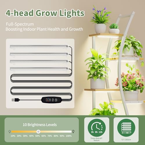 Image of MJOMKN 62 inch Plant Stand Indoor with Grow Lights - 7 Tiered Tall Metal Plant Shelf - Corner Wooden Plant Stand for Indoor Plants Multiple, Large S-Shape Flower Rack Holder for Living Room, Garden, Patio Decor