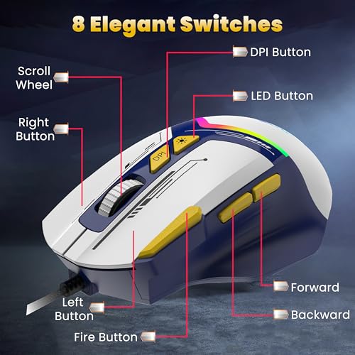 Image of Ant Esports GM333 RGB Wired High End Optical Ergonomic Gaming Mouse with 12800 DPI 1.5M Braided Cable Comes with Inbuilt Software Huano Switches with Rubber Coated Topcover -Blue /White /Yellow