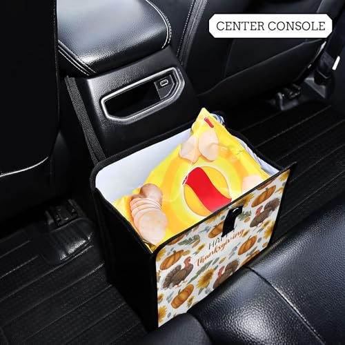 Image of Car Trash Can Organizer Bin with Adjustable Strap for Back Front Seat Console Waterproof Leakproof Collapsible Portable 11 Inch Thanksgiving Turkeys Sunflowers White