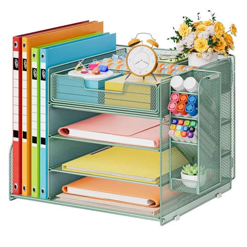 Marbrasse Schreibtisch Organizer mit Aktenhalter 4-Tier Briefablage Ablagefächer Fachschubladen Hängen Stifthalter Mesh Schreibtisch Papier Ablage für HausBüro Bedarf Dokumentenablage (Grün)