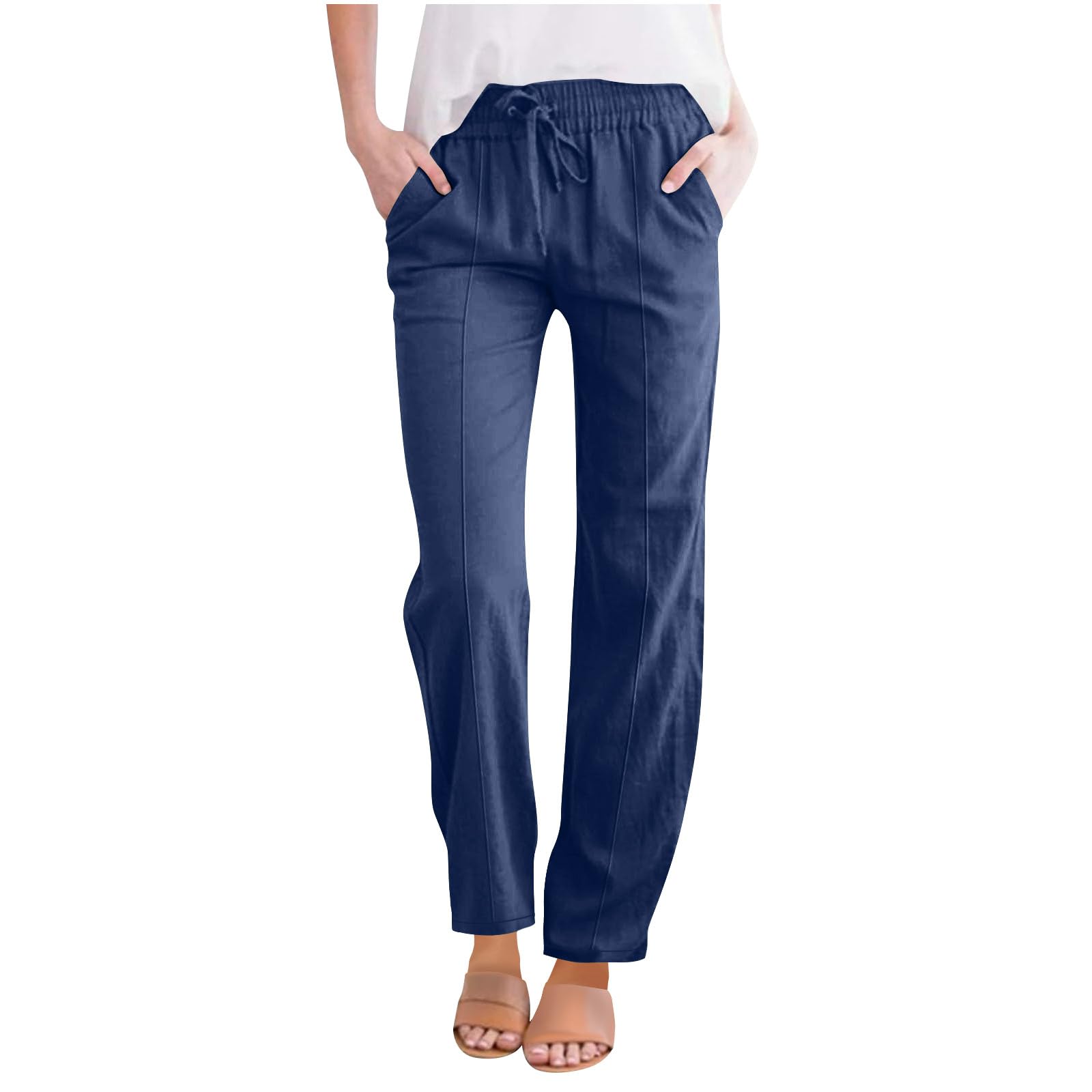 Womens Straight Leg Pants Cotton Linen Blend Casual Trousers with Tie Waist for Spring Solid Color High Waist