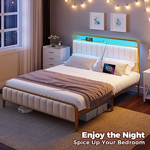 Rolanstar BF007-OW-F-RR-FBM-US-RG Full Size Bed Frame With Led Light And Charging Station, Upholstered Headboard And Footboard, Metal Slat, Noise Free, Easy Assembly, Golden thumb #4