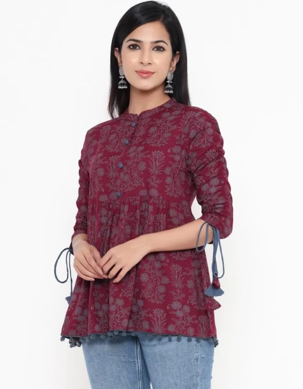 Women Rayon Cotton Modern Fit Short Kurti for Printed Kurta Tunic Tops, Maroon, Medium-image-39
