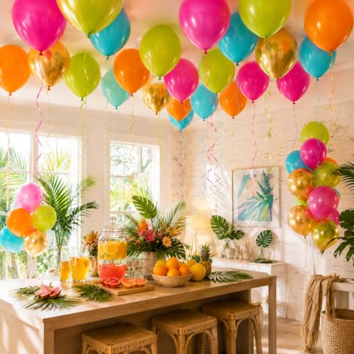 Image of HILAVO Tropical Balloons Kit, 60 PCS 12Inch Hawaiian Balloons Hot Pink Orange Teal Green and Gold Colorful Rainbow Balloon for Summer Tropical Aloha Luau Pool Beach Birthday Baby Shower Party Decor