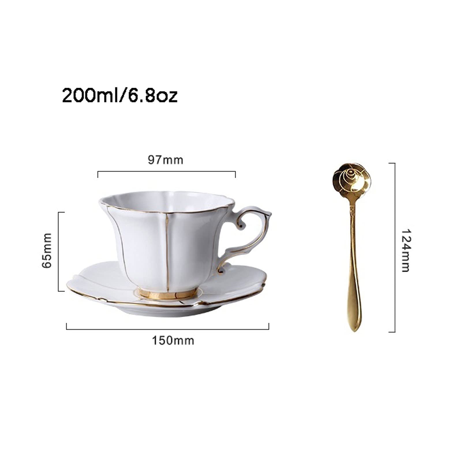Kaffeebecher Prozellan Espresso Tasse, Keramiktassen und Untertassen-Set, elegantes Tee- und Kaffee-Set im europäischen Stil, ausgefallene Kaffeetassen mit Teelöffeln, 6,8 oz, exquisite Kaffeetasse