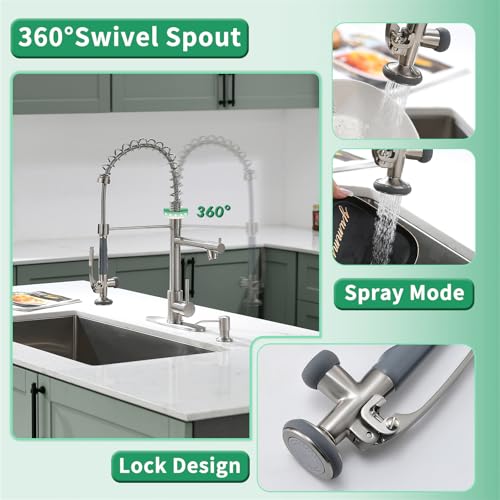 Image of Fapully 4 Hole Kitchen Sink Faucet with Soap Dispenser Brushed Nickel