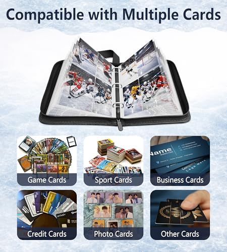 Hockey Card Binder, 4 Pocket Trading Portable Collector Binder with 50 Removable Sleeves for 400 Cards, Zipper Card Organizer Album for Football, Basketball, Baseball, Sports Cards - 4