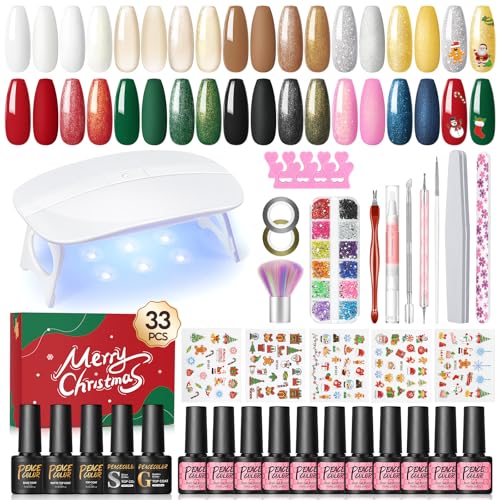 PEACECOLOR 33pz Kit Semipermanente Unghie con Lampada, 10 Colori Smalti in Gel per Unghie con Base Top Opaco e Glitter Kit Unghie Gel Completo per Principianti Regalo di Natale