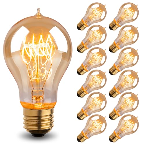 Warm Incandescent Light Bulbs 60 Watt A19/A60 Vintage Style Edison Bulbs E26 Soft Yellow Light Bulbs Amber Bulbs Retro Light Bulb Old Fashioned Halogen Dimmable Edison Bulb Squirrel Cage 12 Pack