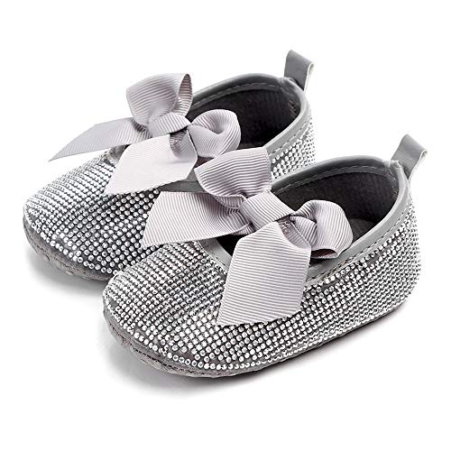 Baby Girls Mary Jane Flats Sparkly Bow Diamonds Princess Dress Shoes Anti-Slip Infant Crib Shoes (6-12 Months Toddler, Grey) #TOP4