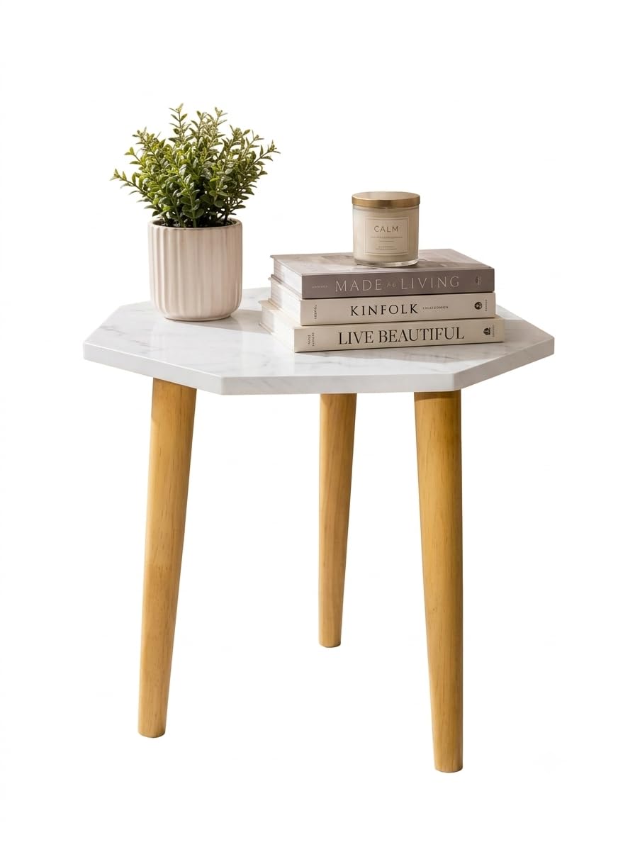 handcrafted wooden side table white 12x12x12 inch | marble & wood design, multipurpose stool, compact 30x30x30 cm, non-slip foot pads, bedside & plant stand