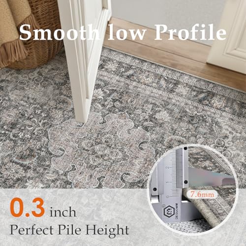 2x3 Washable Black Grey Vintage Area Rug for Entryway Non-Slip Low Pile Traditional Carpet Retro Distressed Vacuumable Door Mat Small Throw Rug for Entrance Bathroom