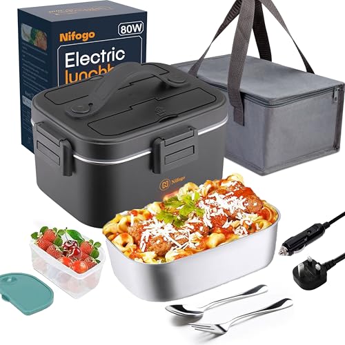 Fitamilia Electric Lunch Box Food Heater 80W Portable Heated Lunch Box for Adults 3 in 1 Portable Food Warmer 230V/12V/24V, with 1,8L Removable Stainless Steel Container&Bag(Black)