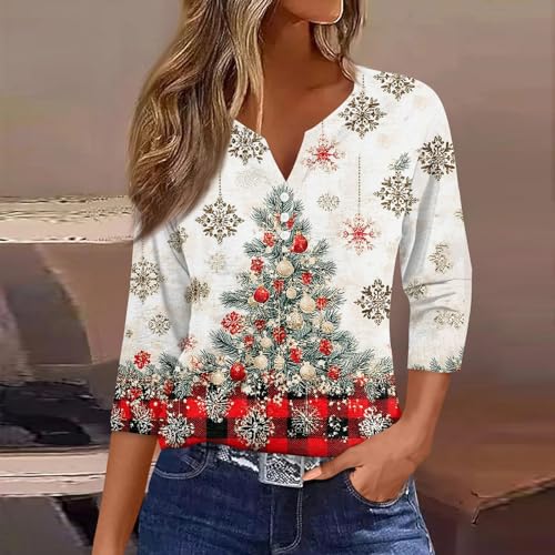 Image of Women Christmas Shirt 3 /4 Length Sleeve Henley Tops Xmas Outfits