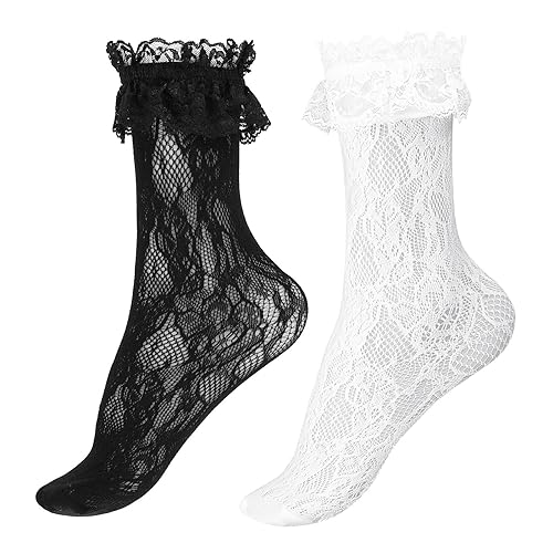 COMNICO Frauen Spitze Rüschen Socken - Sexy Mesh Niedliche Prinzessin für Frauen Mädchen Hochzeit Goth Halloween (Schwarz+Weiß)
