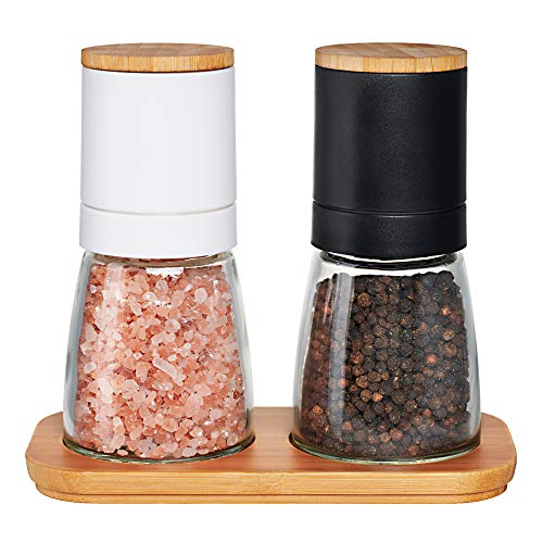 Traycon Salt And Pepper Grinder Set (2 Pc.), Black And White Cap With Wooden Lid, Glass Base/Kitchen, Dining Room Accessory/For Spices, Himalayan Pink Salt, Peppercorn/With Bonus Wooden Stand