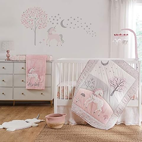 Levtex Baby - Colette Crib Bed Set - Baby Nursery Set - Grey Pink White - Unicorn - 5 Piece Set Includes Quilt, Two Fitted Sheets, Wall Decal & Skirt/Dust Ruffle Cover