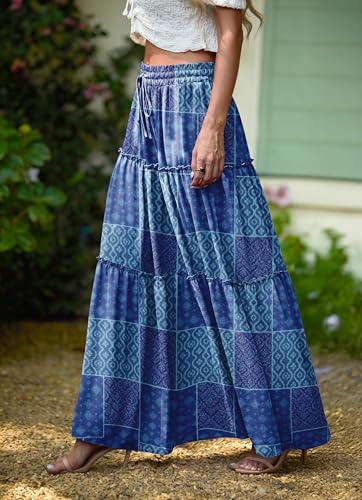 Image of Lepunuo Womens Casual Boho High Waisted Flowy Maxi Skirts Tiered Floral Long Skirts with Pockets for Summer Beach Vacation