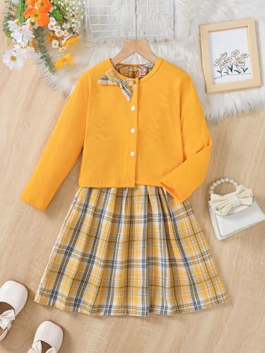 Image of PureChapter Girls' Preppy Clothes Plaid Vest Dress Cardigan Jacket Belt Cute Kids Clothes 7-14Y Green