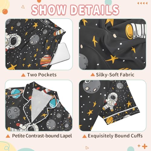 senya Cartoon Astronauts Satin Summer Pajama Sets Silk Short Sleeve Button Down Sleepwear3