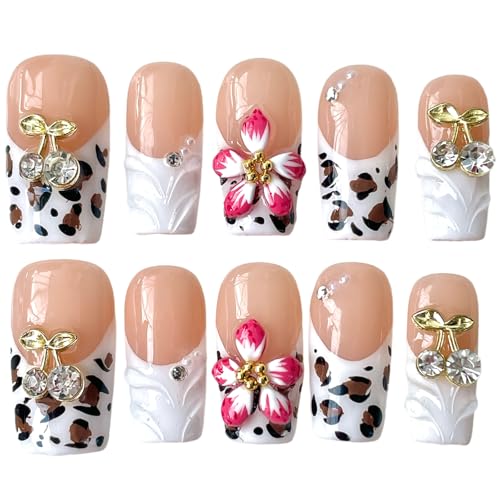 Handmade Press On Nails, 3D Velvet Floral Short/Medium Length Squ...