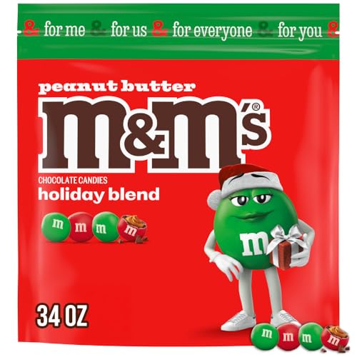 M&M'S Peanut Butter Red & Green Milk Chocolate Christmas Candy Bulk Assortment, Bulk Christmas Candy 34 oz Resealable Bag