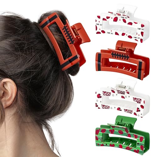 PANTIDE 4Pcs Football Hair Claw Clips for Women Girls - Sport Game Day Rectangle Nonslip Clips Hair Accessories for School Daily Football Party Favor Gifts Strong Hold for Thin Thick Curly (Red Black)