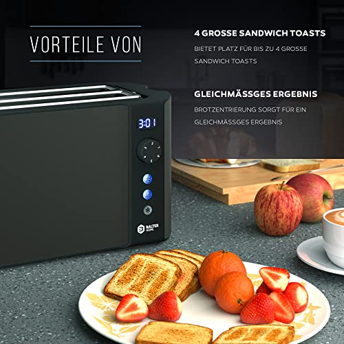 Balter Toaster 4 Scheiben, Langschlitz, Edelstahl, Brötchenaufsatz, LCD Display mit...
