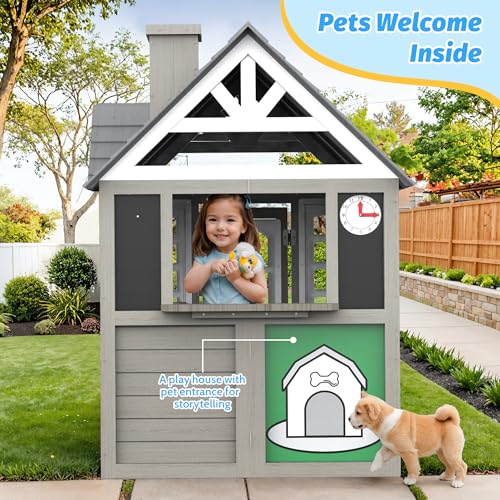 Kids Outdoor Playhouse,Cedar Gray Wooden Play House for Kids Ages 3-8, with Play Kitchen, Interactive Doorbell, Toy Phone, Sink, Flowerpot